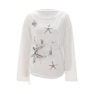 IAmMIX27圆领长袖T恤女新款简约撞色海星印花舒适莱赛尔套头上衣