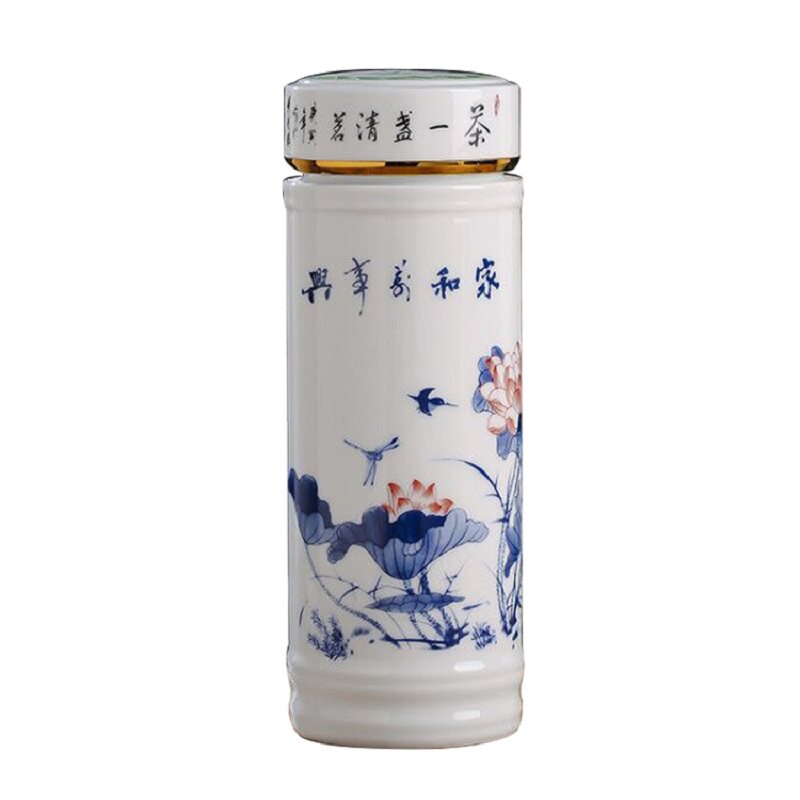 景德镇陶瓷茶杯带盖过滤网青花瓷泡茶水杯便携双层内胆办公保温杯