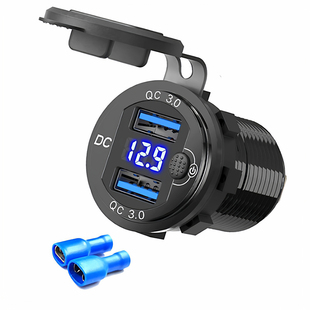 汽车改装铝合金双USB车载充电器防水双QC3.0带开关车充数显电压表