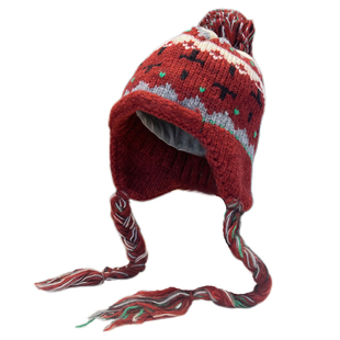 费尔岛绒球提花针织帽子女冬季民族风红色流苏包头帽保暖护耳帽潮
