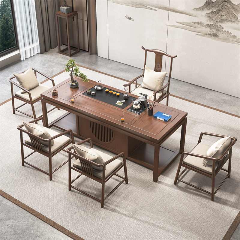 黑胡桃新中式茶桌椅组合功夫泡茶桌办公家用一体实木茶台禅意茶几