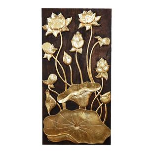 实木雕花板客厅玄关背景墙壁饰餐厅描金荷花装饰壁挂泰国木雕挂件