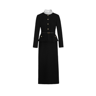 拉蒂寇资商场同款冬春季款可拆卸立领羊毛假两件黑连衣裙高端独特