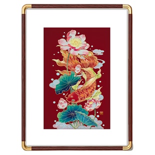 莲花锦鲤铜版画黄铜雕刻高端入户玄关壁画新中式装饰画好寓意挂画