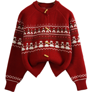 初中生女孩红色毛衣女童秋冬款加厚针织开衫12岁洋气本命年拜年服