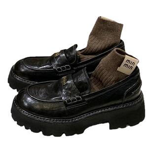 水洗马皮~2026新款小金币厚底懒人一脚蹬乐福鞋女英伦单鞋小皮鞋