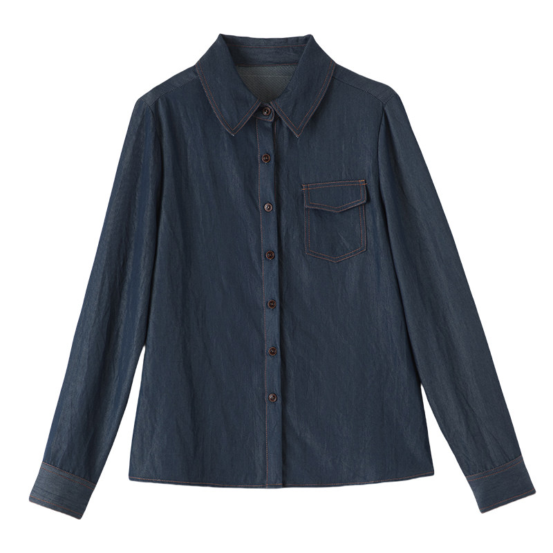 晚白2026春季新款经典丹宁蓝法式翻领牛仔衬衣高端洋气衬衫女上衣