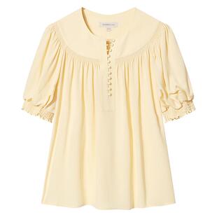 Goodland美地女装夏季浅黄色法式短袖衬衫泡泡袖上衣LC34270090