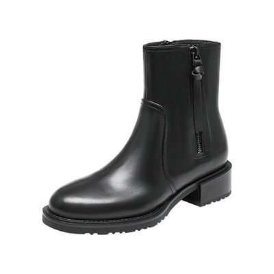 真美诗冬季新款光泽牛皮舒适瘦瘦靴粗跟短靴时装靴女YUJ58DZ4