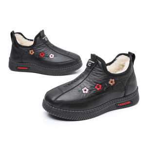 绵羊毛棉鞋女冬加绒加厚妈妈鞋皮面防水棉靴子软底防滑中老年女鞋