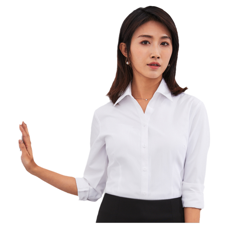 恒源祥全棉女士职业衬衫免烫V领商务工作服修身OL纯棉面试白衬衣