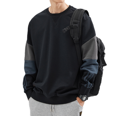 美式拼接圆领加绒卫衣男2024秋冬