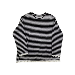 ENJOYME商场同款黑白条纹花边长袖T恤女2026春季圆领宽松长袖上衣