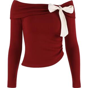 韩语琳红色短款一字肩针织衫女2026新款春春春款法式修身显瘦上衣