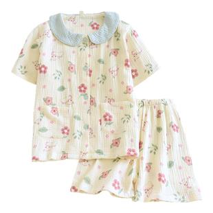 日系复古田园儿童纯棉纱布睡衣套女童短袖短裤夏季薄款全棉家居服