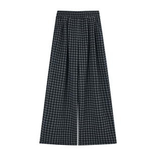 2025冬季百搭加绒显瘦宽松直筒慵懒垂感黑灰色格子休闲裤女阔腿裤