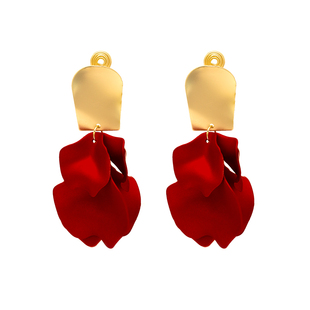 夸张复古金属几何酒红花瓣长款耳钉优雅个性高级感蚊香盘耳夹无洞