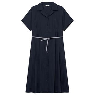 Hazzys哈吉斯夏季短袖古巴领系腰带连衣裙女休闲显瘦藏青色裙子