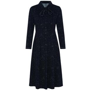 马天奴女装秋冬新款纯色收腰A字摆连衣裙蝴蝶结领长裙淑女时尚