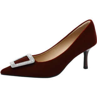 自由姿色方扣细高跟单鞋春秋季时尚百搭优雅尖头绒面气质浅口女鞋