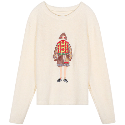 落落狷介长袖加绒刺绣T恤女