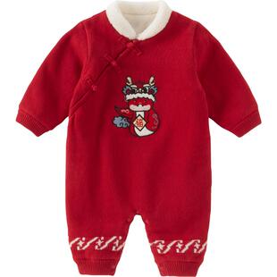 戴维贝拉新生儿红色毛衣爬服男宝国风连体衣保暖新款冬装婴儿新年