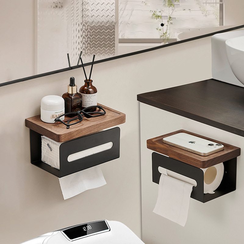 卫生间纸巾架免打孔壁挂式架承重卷纸纸置物架胡桃木浴室实木架厕