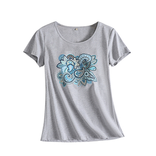 buupnn夏装新款圆领修身短袖T恤  带胸垫印花图案莱卡棉女装bra-t