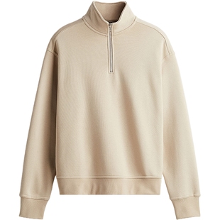 HM男装卫衣冬季加绒立领宽松美式慵懒重磅套头半开襟上衣1245648