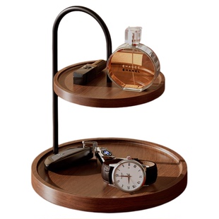 钥匙收纳玄关摆件中古风桌面手表首饰香水置物架实木托盘展示架子