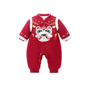 婴儿拜冬年服冬季加厚连体衣红色加绒女童宝宝外出服新年儿童衣服