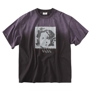 CoosRetro美式vintage水洗渐变做旧失焦凝视印花短袖纯棉T恤男