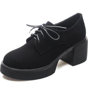 厚底单鞋2025春季新款女士皮鞋高跟女鞋子粗跟绒面超软羊皮乐福鞋