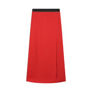 PaleBlueDot蓝点2025春新中式醋酸半身裙女红色松紧腰H型直筒长裙