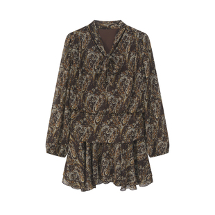 艾文文IRIS腰果裙2026新款秋季巨好看复古印花绑带领显瘦连衣裙