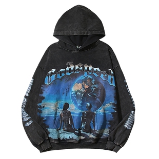 美式Godspeed卫衣骷髅人高街男士情侣ins暗黑水洗潮牌连帽衫外套