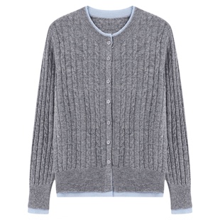 Basic House/百家好撞色绞花针织开衫女复古温柔风圆领单排扣毛衣