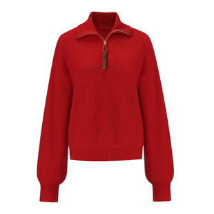 EVAOUXIU氛围感红毛衣2026年春新商场同款时髦半拉链落肩羊毛衫女