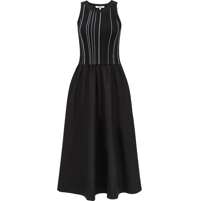 ONLY2025夏季新款舒适修身显瘦条纹拼接无袖小黑裙长裙连衣裙女