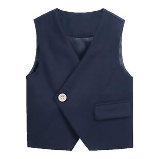 罗蒙儿童西装马甲男童钢琴藏青马甲小学生主持人演出服装男孩礼服