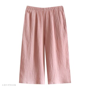 睡裤女七分裤 夏季薄款纯棉纱布绉布短裤居家裤子宽松家居裤森系