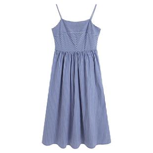 弥古蓝色条纹裙子高级感一字领法式吊带连衣裙女2025新款夏季长裙