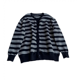 童妈定制男女童韩版宽松黑白条纹软弹针织开衫儿童毛衣外套春秋装