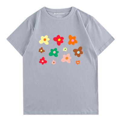 MushronCow炫彩花朵自制插画小众设计ins纯棉短袖闺蜜款T恤夏新品