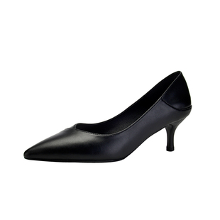 职业高跟鞋头层牛皮春秋真皮中跟软底空姐通勤鞋舒适工作鞋女黑色