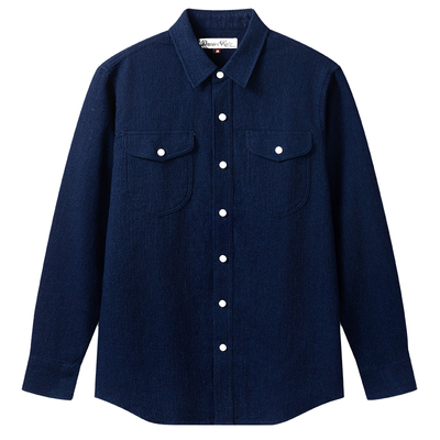 美式休闲长袖牛仔衬衫华夫格