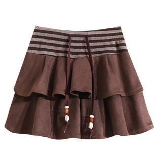 秋冬复古麂皮绒荷叶边短裙蛋糕半身裙女冬季2025冬配靴子蓬蓬裙子