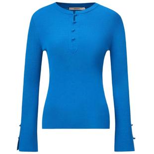 皮皮狗秋冬新款女士圆领半襟针织抽条套衫电光蓝色