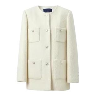 三彩2024冬新款香风外套绵羊毛夹棉毛呢大衣中长正肩圆领优雅女S