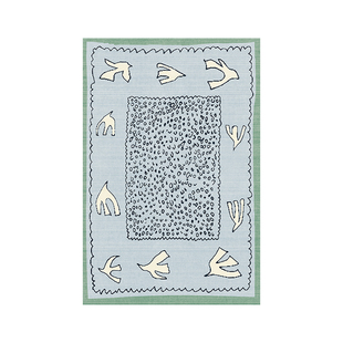 海与飞鸟涂鸦风可拆洗客厅地毯无胶无甲醛中古蓝色轻奢可机洗地垫